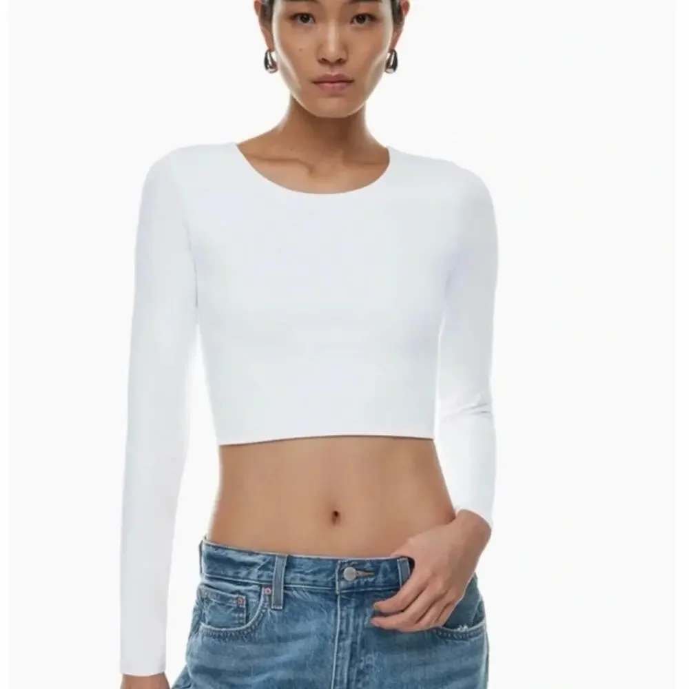 Aritzia Babaton Long Sleeve Crew Neck Crop Top White Double Layer Stretch Small